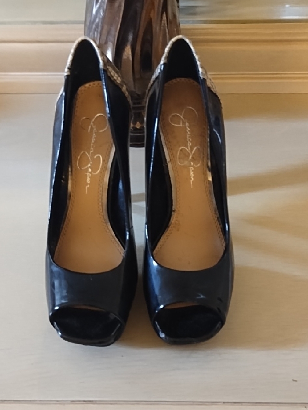 Jessica Simpson Black Patent Peep-Toe Heels with Metallic Trim